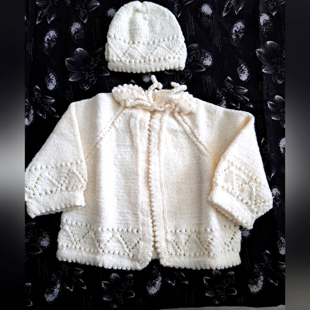 Handmade Cream Knit Baby Sweater and Hat Set